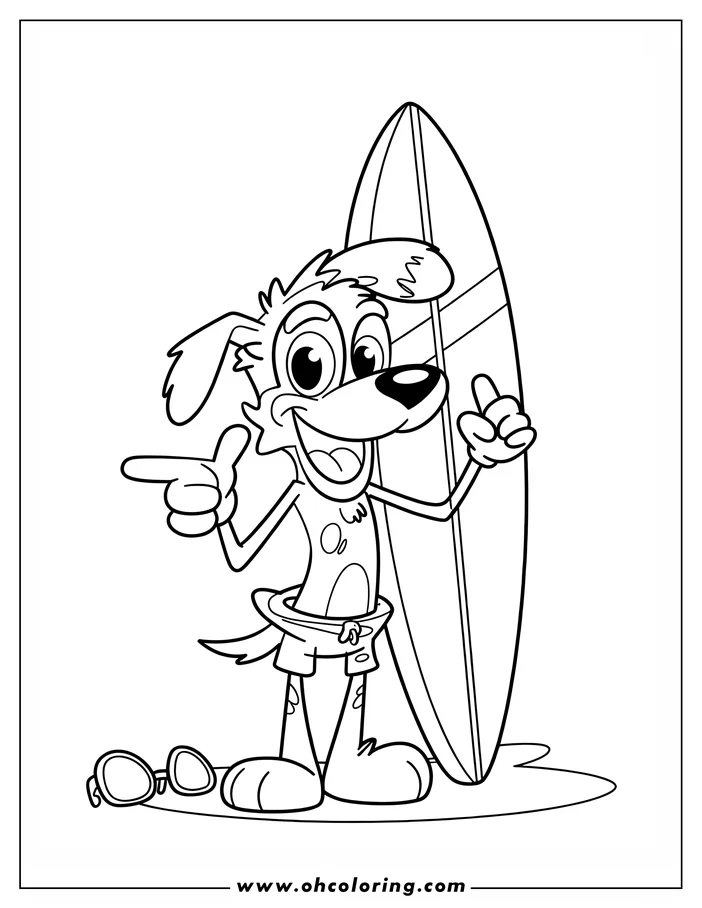 A cheerful cartoon dog in swim trunks, standing next to a surfboard and pointing, ready for a day at the beach.