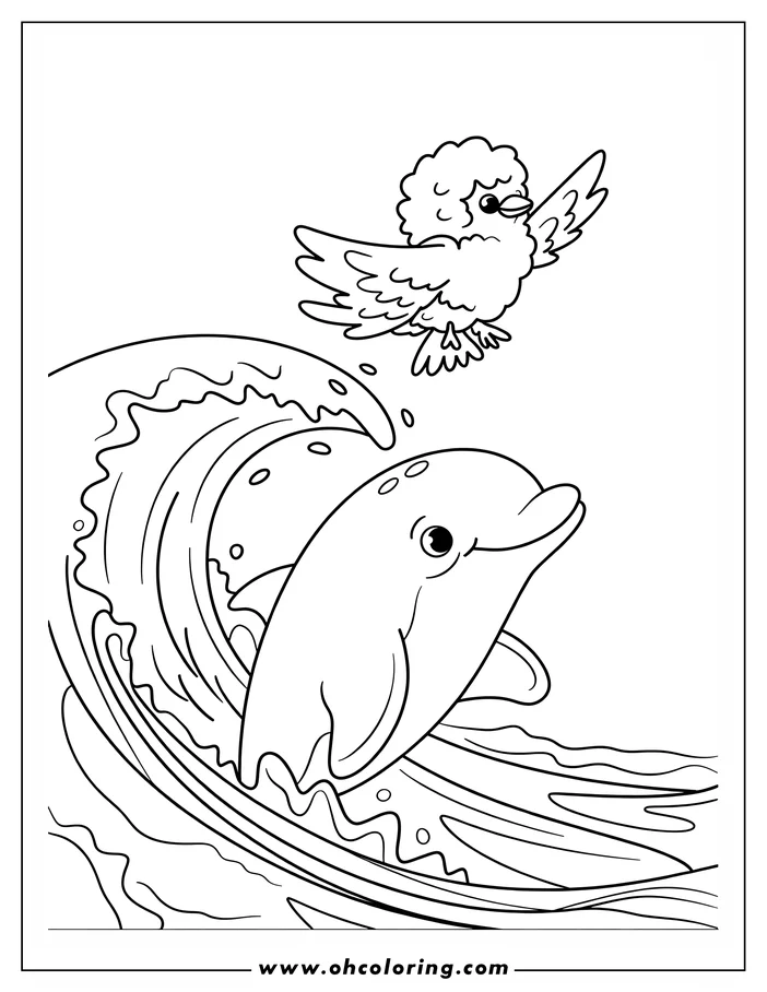 Line drawing of a cartoon dolphin jumping from a wave with a small, fluffy bird flying above it.