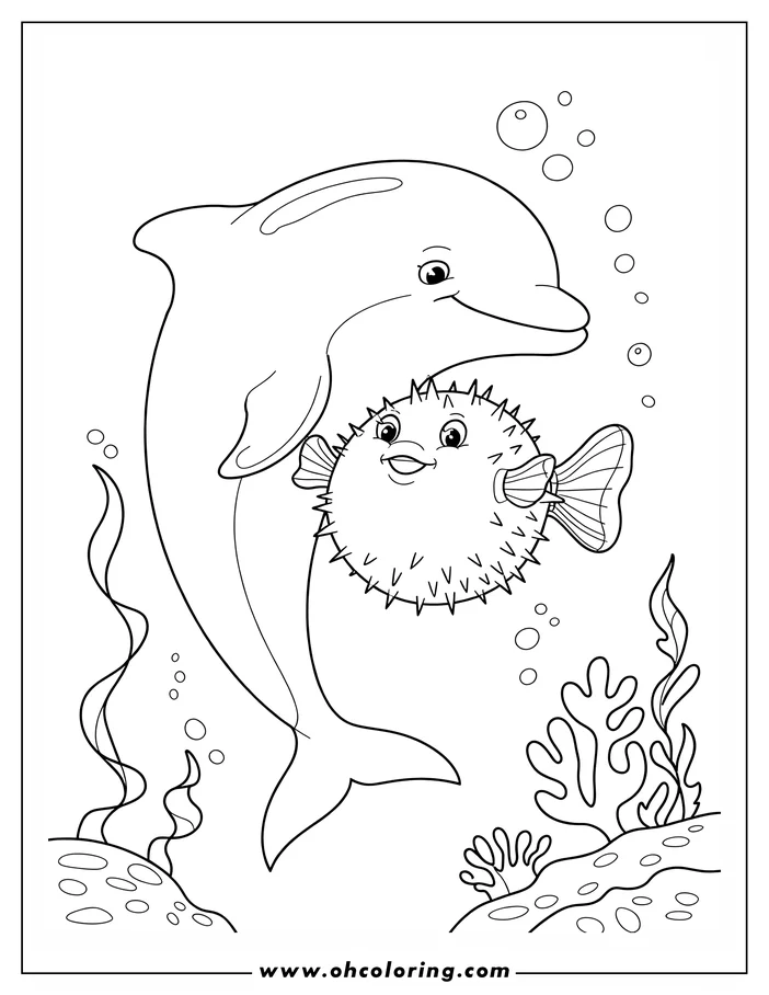 Line drawing of a dolphin swimming with a pufferfish. Seaweed and rocks are visible on the ocean floor.