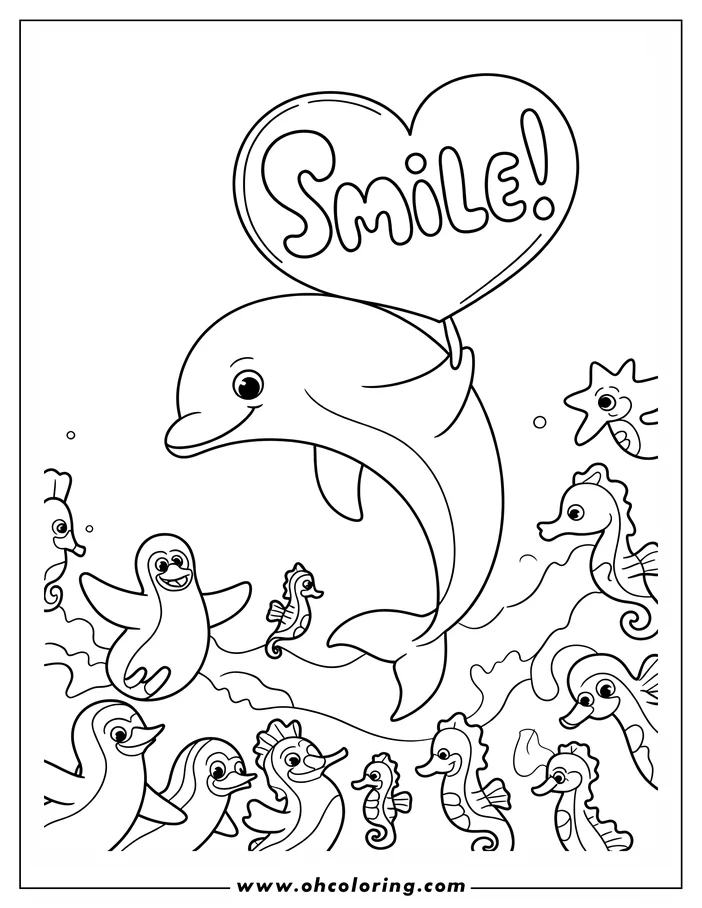 Line art of a dolphin holding a heart-shaped balloon with the word 'Smile!' surrounded by seahorses, penguins, and a starfish underwater.