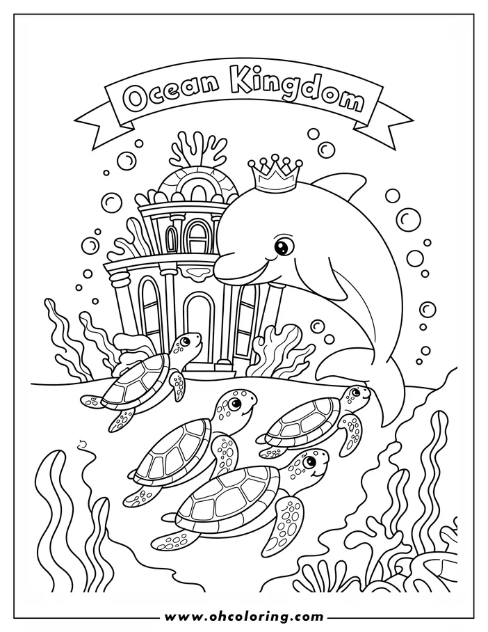 A crowned dolphin swims playfully near four sea turtles and a decorative castle in a cartoon underwater scene.