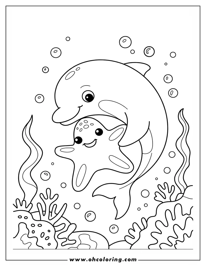 Line art of a dolphin and starfish swimming together underwater, surrounded by seaweed and coral.