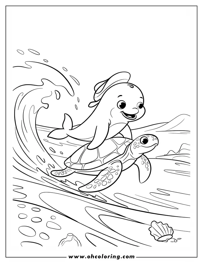 Line art of a smiling dolphin wearing a hat, riding on a sea turtle. They are surfing on a wave in the ocean.  A seashell and rocks are visible on the seabed.
