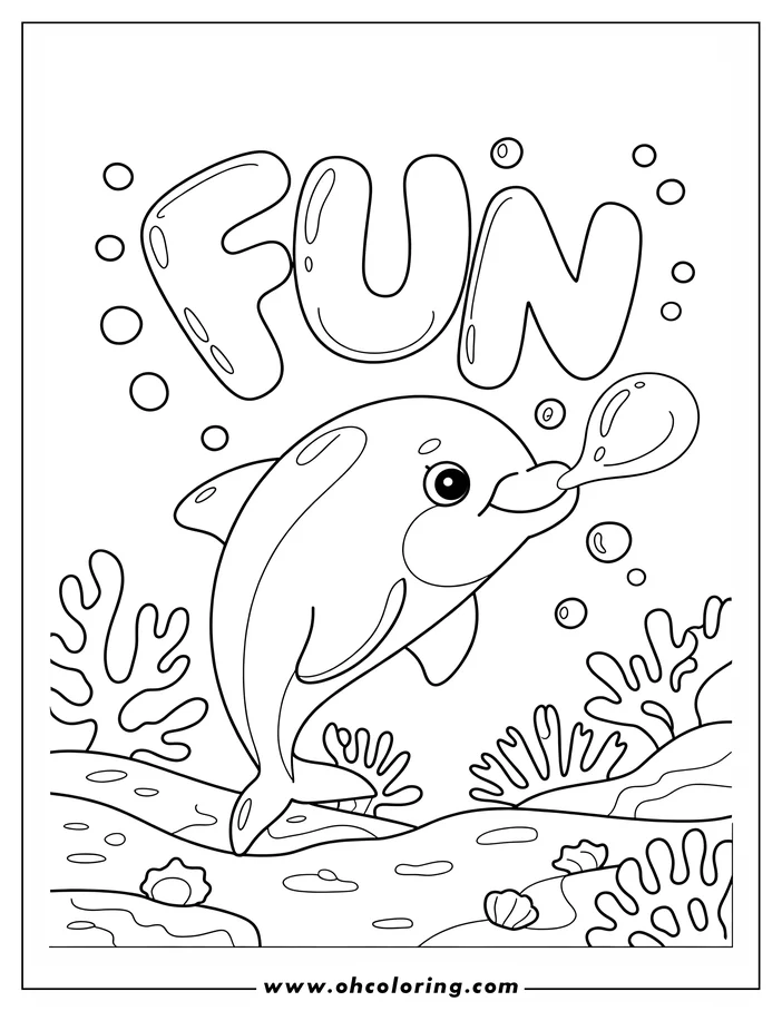A cartoon dolphin blowing a bubble in the ocean, surrounded by coral and seashells.