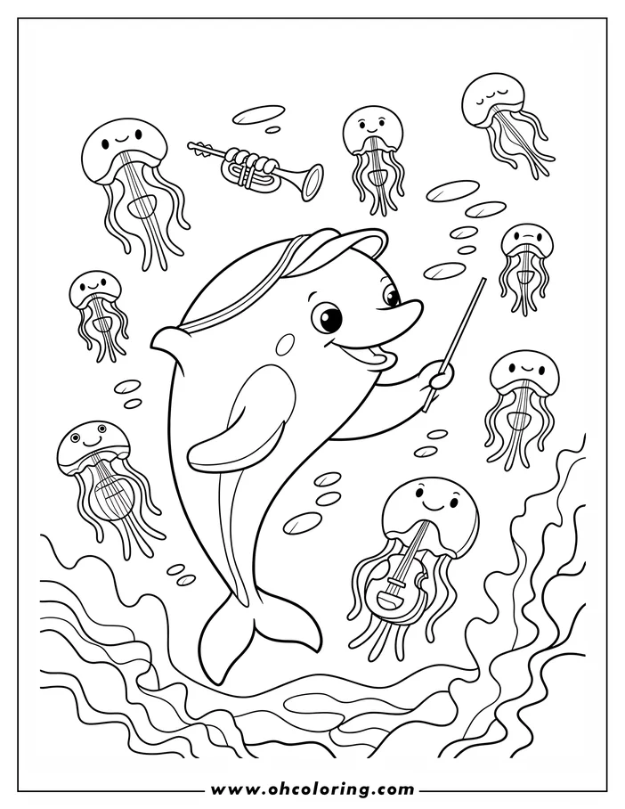 Line art of a dolphin conducting jellyfish playing musical instruments underwater. The dolphin wears a hat and holds a baton.