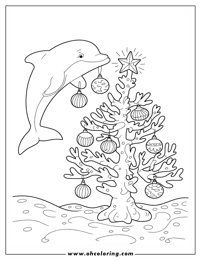 Line art of a dolphin decorating a coral Christmas tree with ornaments on the ocean floor.