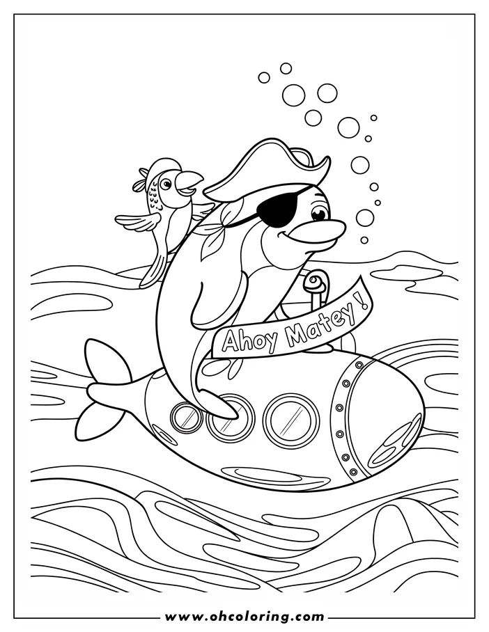 A cartoon dolphin pirate with an eye patch and hat, holding a spyglass, sits on a submarine with a small bird perched on its back, surrounded by ocean waves and bubbles.
