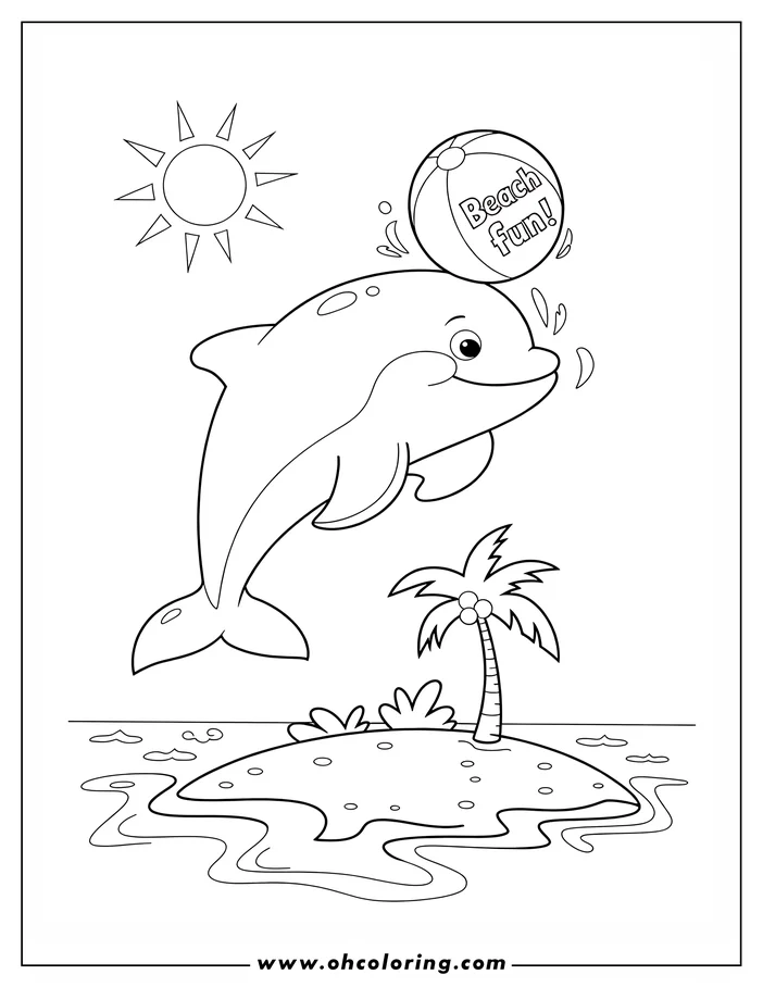Line art of a playful dolphin balancing a beach ball on its nose, near a small island with a palm tree under a sunny sky.