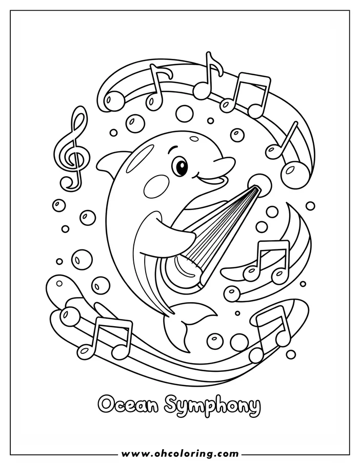 A cartoon dolphin holds a lyre, with musical notes and bubbles around it. The dolphin is playing and looks happy.