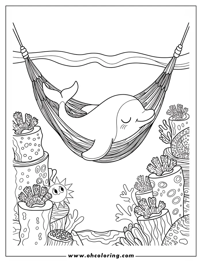Outline of a smiling dolphin resting in a hammock underwater, surrounded by coral and a friendly sun.