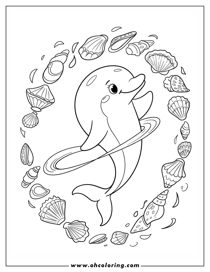 Line drawing of a playful cartoon dolphin jumping and spinning within a circle of assorted seashells.