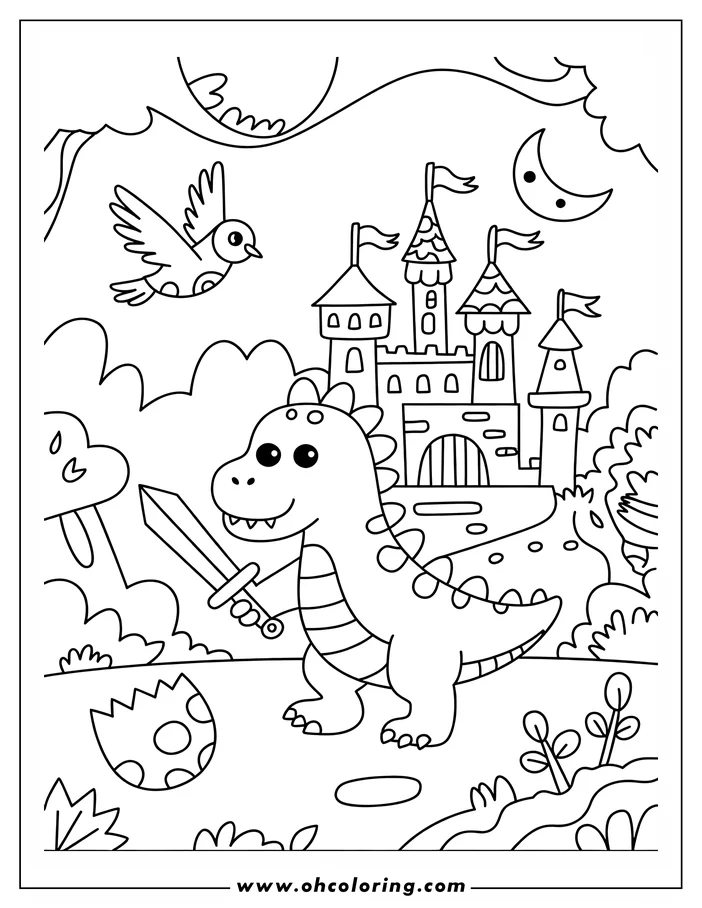 Outline of a friendly-looking dragon with a sword near a castle, a cracked egg, a bird, and a crescent moon