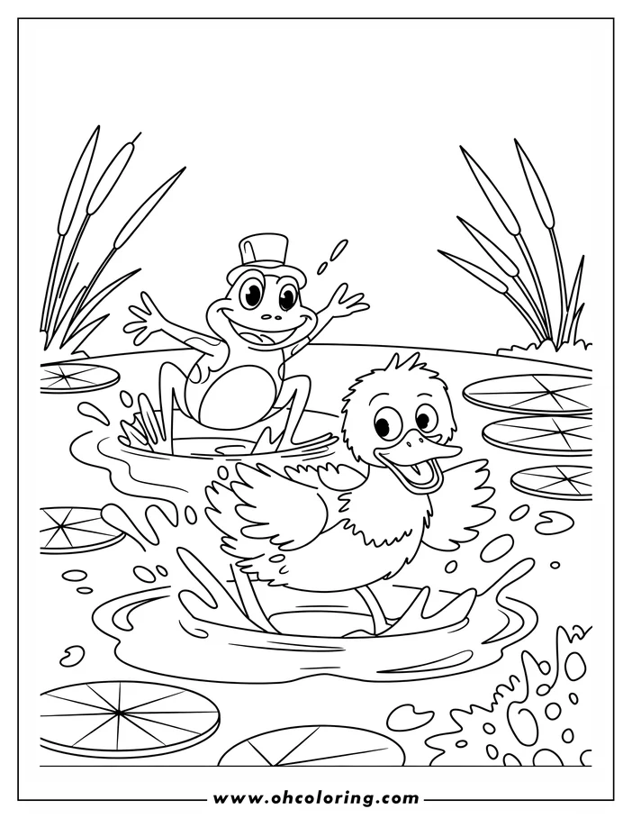 Line art of a duckling and frog playing in a pond with lily pads and cattails.