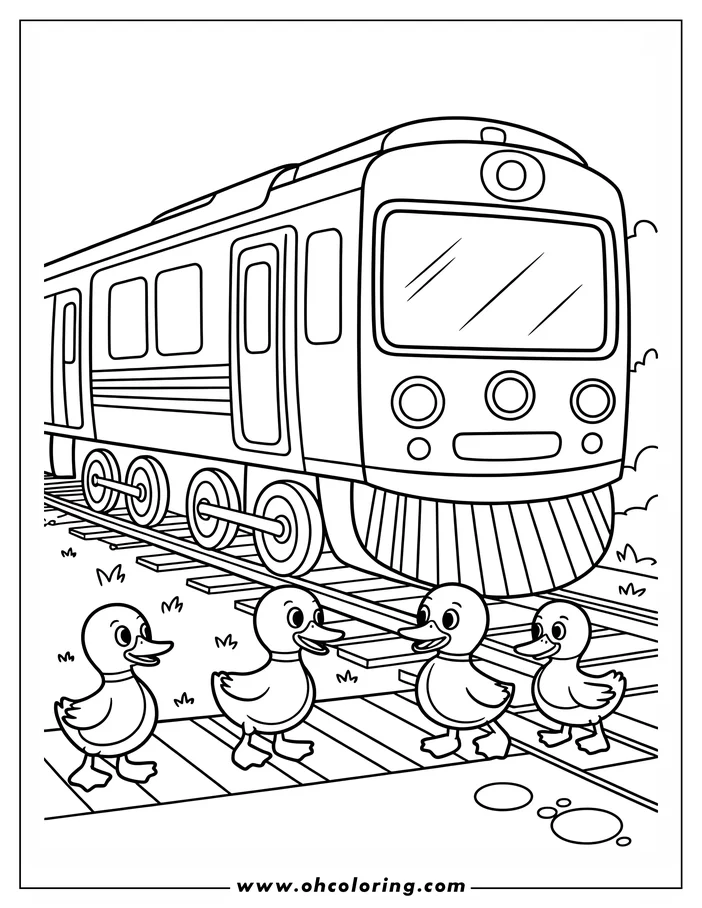 Four ducklings stand near train tracks, looking up at a passing train.