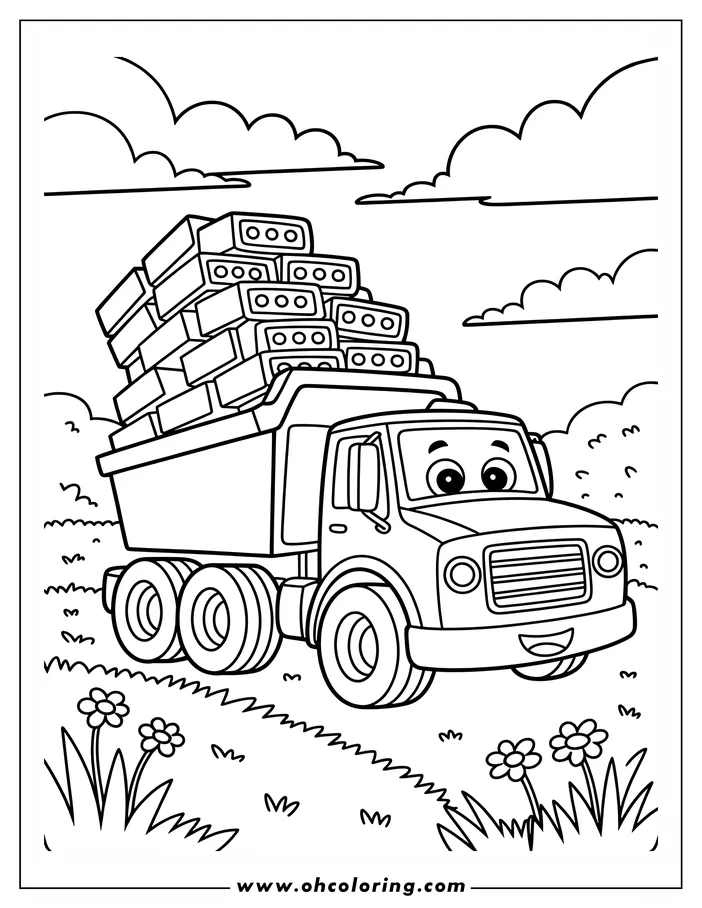 Line art of a dump truck carrying bricks, driving on a grassy path with flowers and clouds in the background.