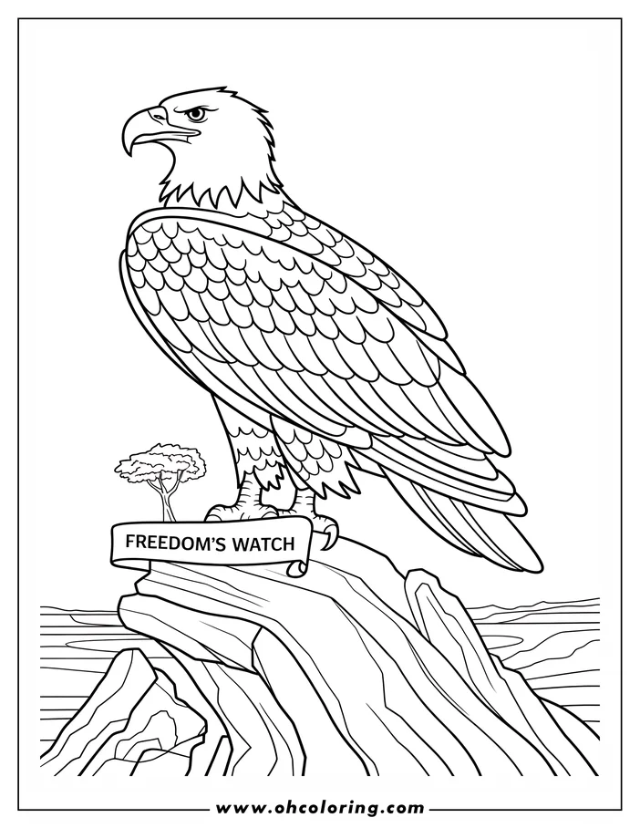 Line art of an eagle perched on a cliff, with a banner that reads 'FREEDOM'S WATCH'.