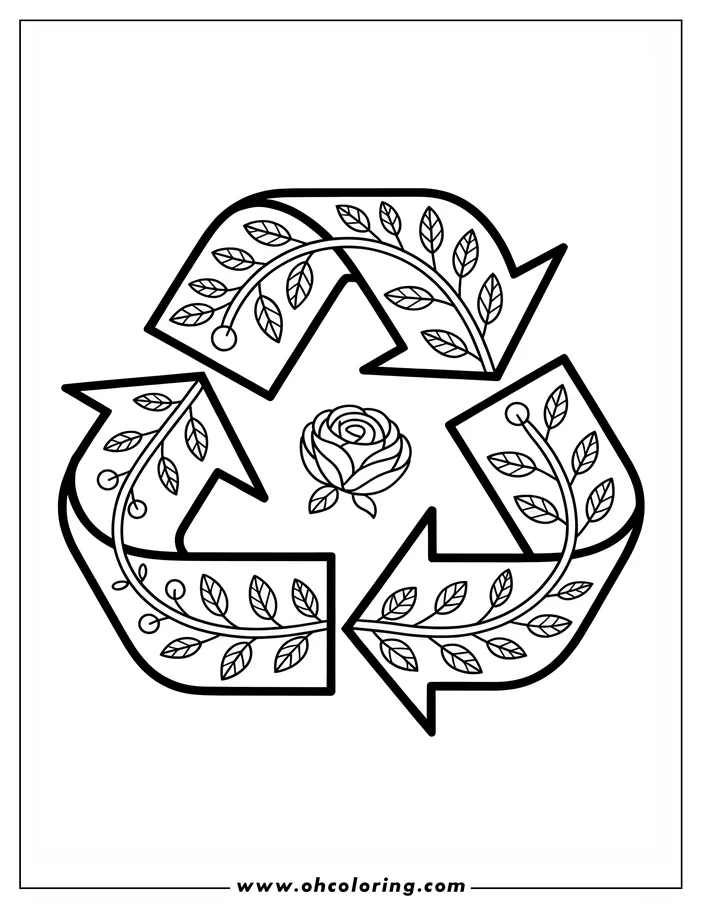Line art of the recycling symbol, with each arrow adorned with leaves and vines. A rose sits in the center. This Earth Day-themed coloring sheet design is ready for kids and adults to color.