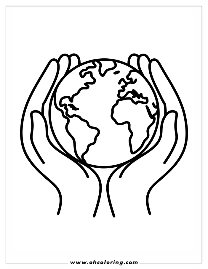 Line art for Earth Day.  The drawing shows the Earth held gently in two cupped hands, a coloring sheet design symbolizing environmental care.