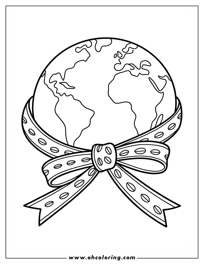 Line art of Earth with a ribbon tied around it, presented as a coloring page design for Earth Day.