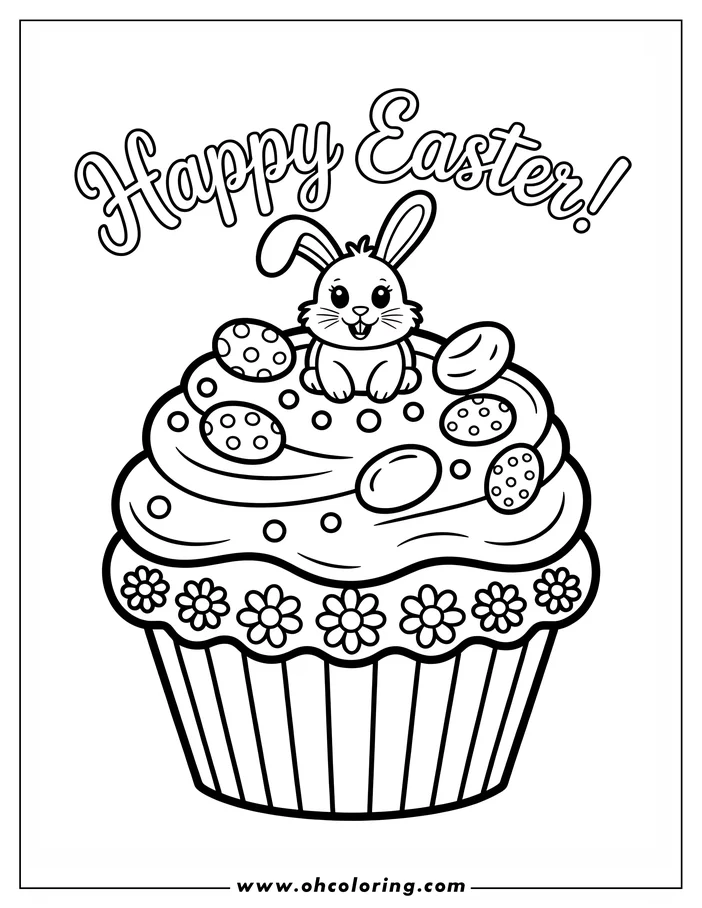 Line art of an Easter-themed coloring page. A cute cartoon bunny sits on top of a decorated cupcake, surrounded by small candies and Easter eggs. The frosting has a ring of simple flowers around the base. Perfect for a festive spring coloring activity.