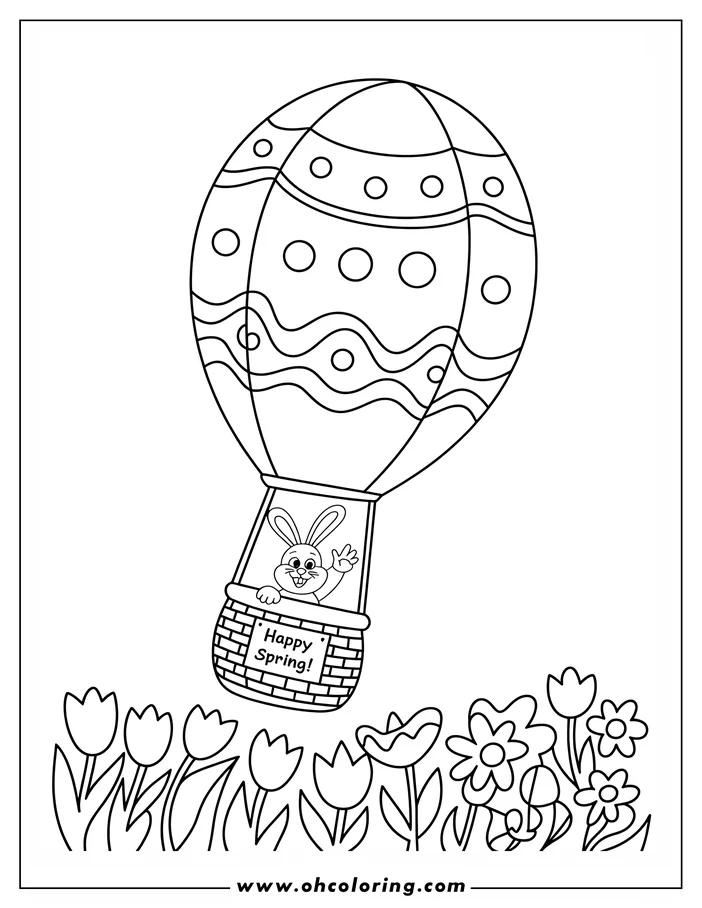 Line art depicting an Easter bunny waving from a hot air balloon basket above spring flowers, designed as a coloring sheet. The balloon is decorated with Easter egg patterns and the basket has a "Happy Spring" sign. Perfect for Easter or springtime coloring activities.