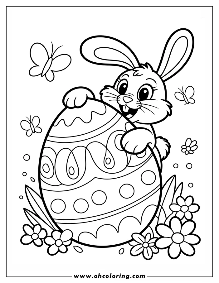Line art of an Easter bunny hugging a decorated egg, with butterflies and flowers around them. This is a coloring sheet design.
