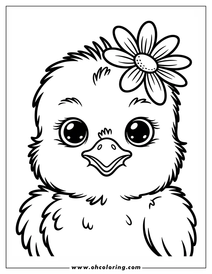 Line art of a cute Easter chick with a flower on its head. The chick has large, expressive eyes and fluffy downy feathers. This simple drawing makes a delightful coloring sheet design for kids.