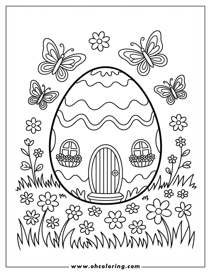 Line art of an Easter egg-shaped house with windows, flower boxes, and a door.  Butterflies and flowers surround the house in a grassy field. This is a coloring sheet design.