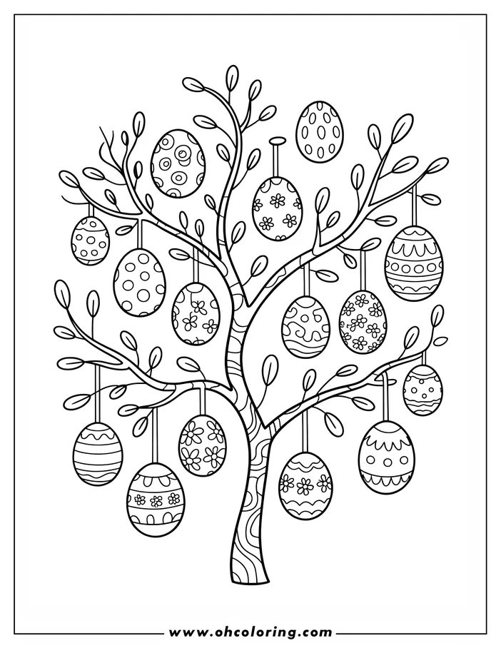 Line art of an Easter tree with hanging decorated Easter eggs.  Each egg has a unique pattern, like dots, flowers, stripes, and swirls. A fun coloring sheet design for Easter celebrations.