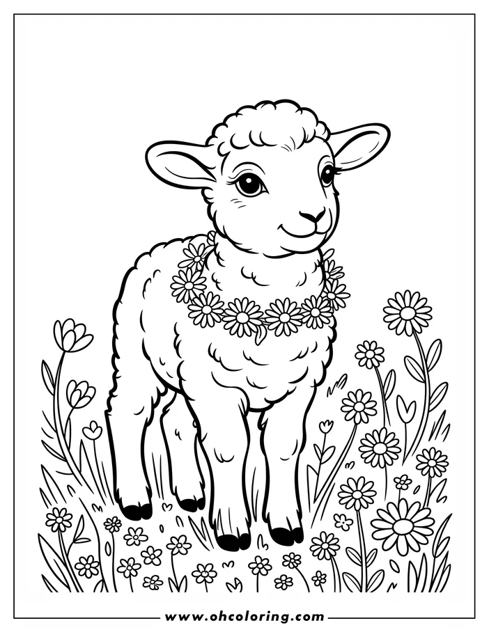 Line art of a lamb wearing a daisy crown, standing in a field of wildflowers. This Easter-themed coloring sheet design features a cute, fluffy lamb ready for coloring.