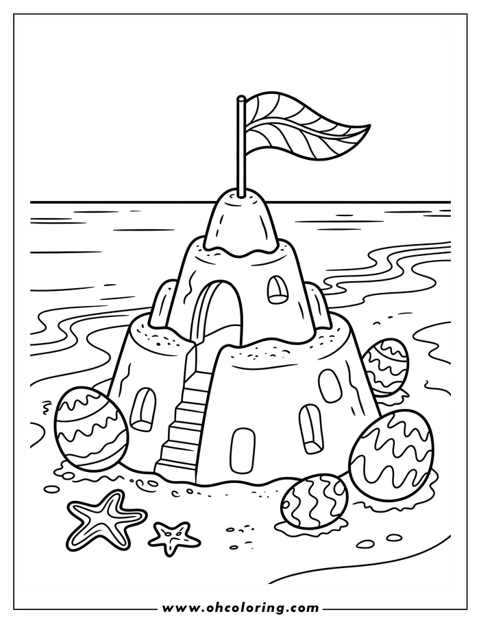 Line art of an Easter-themed sandcastle. The sandcastle has a flag on top, windows, a doorway, and a small staircase. Three decorated Easter eggs and two starfishes are placed around the castle on the sandy beach, creating a festive scene for coloring.