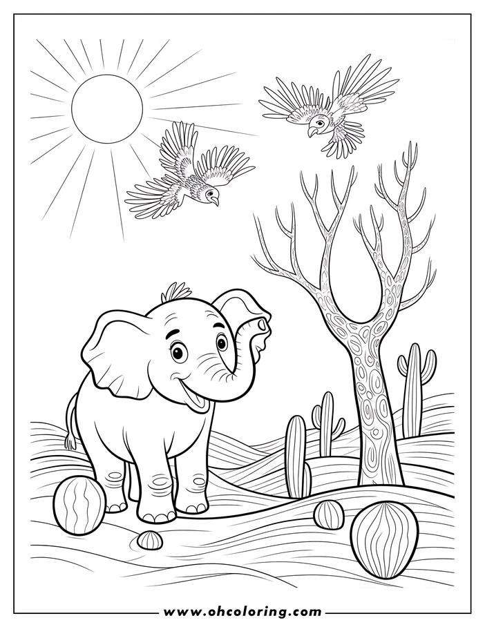 Outline of a friendly cartoon elephant in a desert setting, with birds, cacti, and a tree.