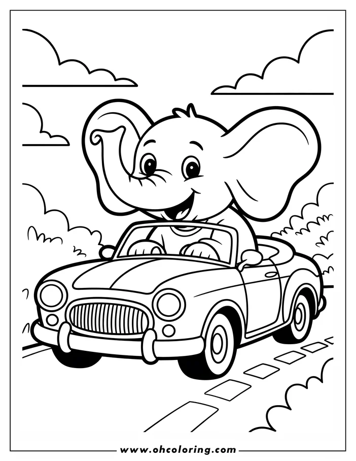 Outline of a happy elephant driving a convertible car down a road.