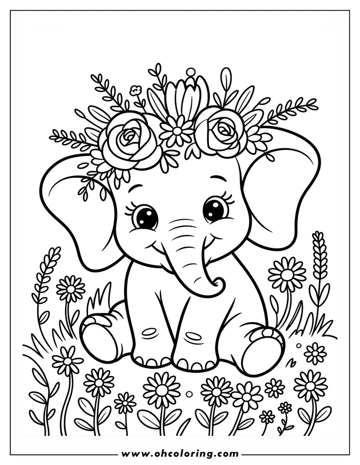 Outline of a baby elephant wearing a flower crown, sitting in a field of daisies.