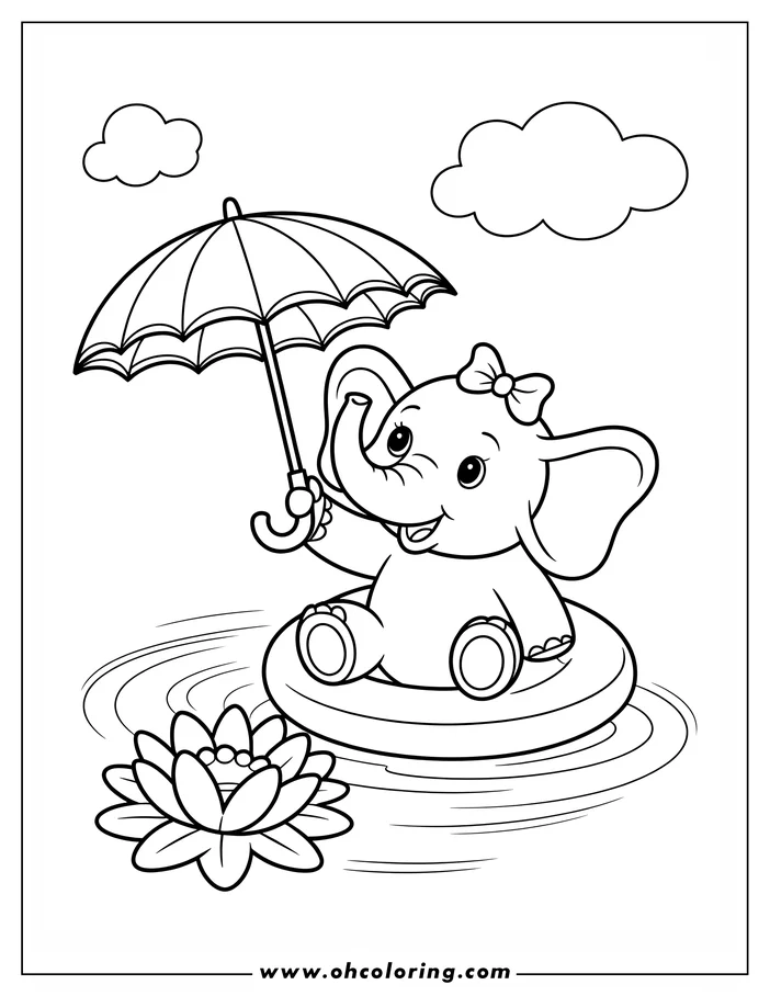 Outline of a young elephant sitting on an inflatable ring in the water. The elephant is holding an umbrella. A water lily is in the water nearby.