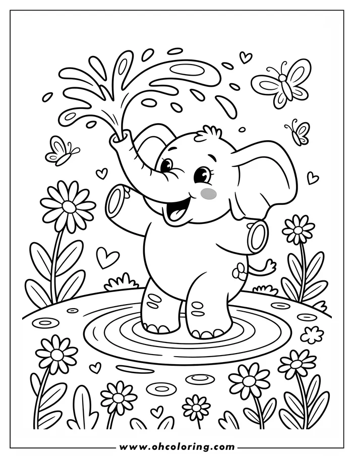 Line art of a playful elephant splashing water with its trunk, surrounded by butterflies and flowers.