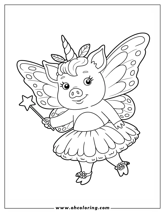 Line art of a fairy pig holding a magic wand. The pig has large butterfly wings and a unicorn horn.