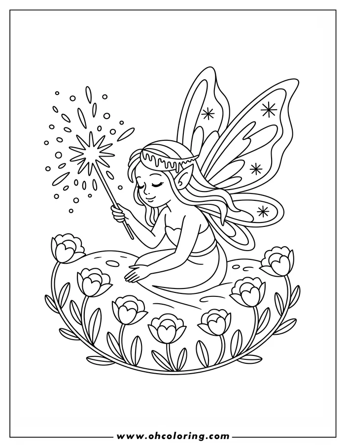 Line art of a fairy holding a sparkler, surrounded by stylized flowers. She has wings and a crown and is sitting gracefully. A coloring sheet design.