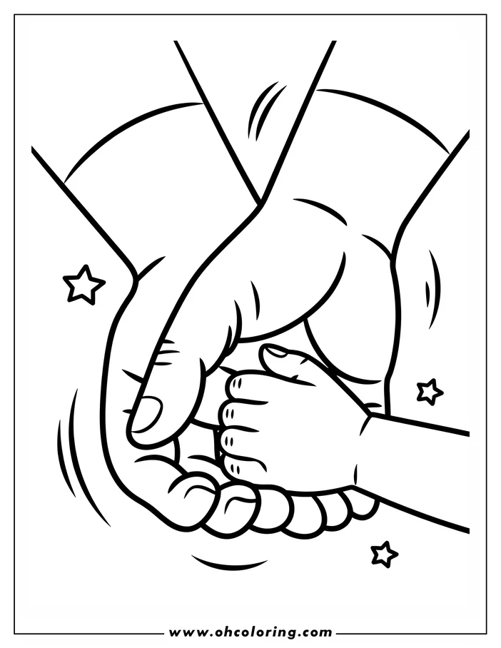 Line art depicts two large hands gently holding a child's hand, creating a heartwarming scene suitable for Father's Day. Stars add a decorative touch to this printable coloring sheet.