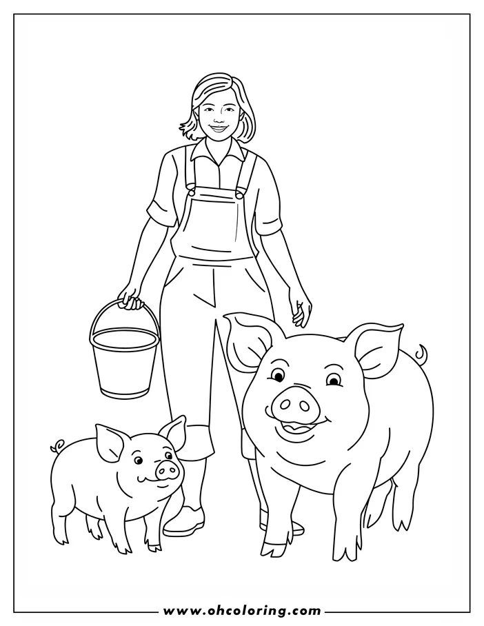 Line art of a farmer with a bucket, standing next to a large pig and a piglet.