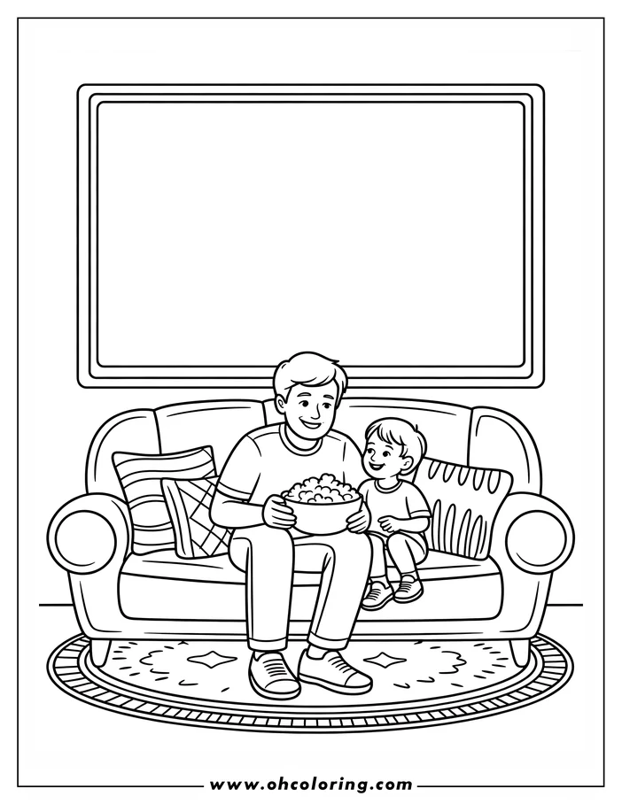 Line art of a father and child sitting on a couch, sharing a bowl of popcorn. They are smiling.  Behind them is a blank rectangular frame. The couch has patterned cushions and sits on a patterned rug. Coloring sheet design for Father's Day.