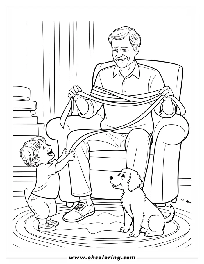 Line art of a father and son playing with a ribbon, with a small fluffy dog sitting nearby. This heartwarming scene is ideal for a Father's Day coloring page. The setting suggests a cozy living room, adding to the familial atmosphere.