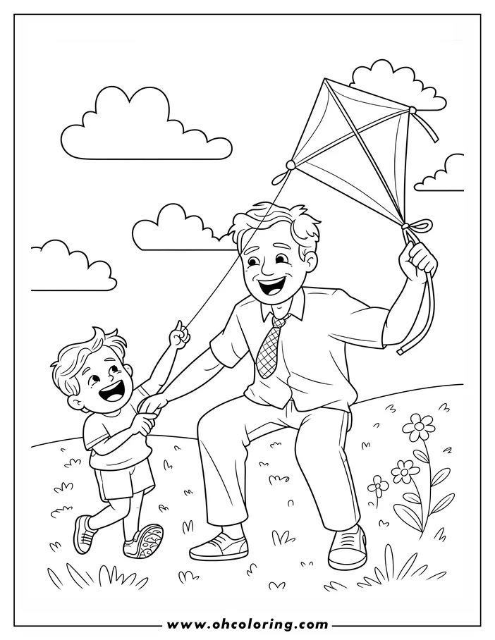 Line art of a father and son flying a kite on a breezy day. The father, wearing a tie, holds the string while the son walks alongside him, both with happy expressions. Puffy clouds dot the sky, and simple flowers and grass are in the foreground. This is a drawing for coloring, perfect for Father's Day or family activities.