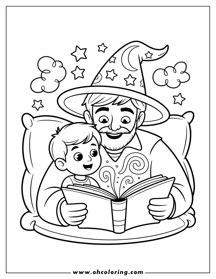 Line art depicting a father and son reading a storybook together. The father, wearing a wizard hat with stars and a crescent moon, sits beside his son. They both hold the open book, which displays magical swirls. Stars and clouds decorate the background. This is a coloring sheet design.
