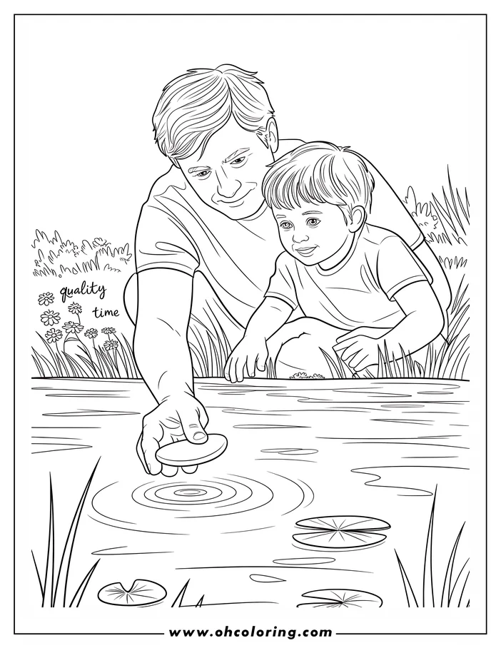 Line art of a father and son skipping stones at a pond.  Lily pads and grass are visible around them, making it a peaceful, nature-themed coloring sheet design.