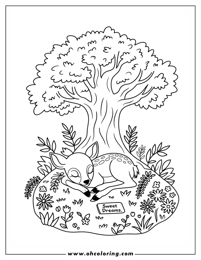 Outline of a spotted fawn sleeping beneath a large tree, surrounded by small flowers and ferns.