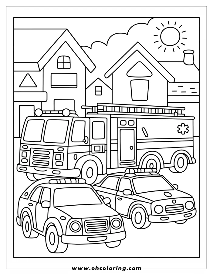 Line art depicting a fire truck, ambulance, and police car parked near buildings, designed as a coloring sheet for kids.