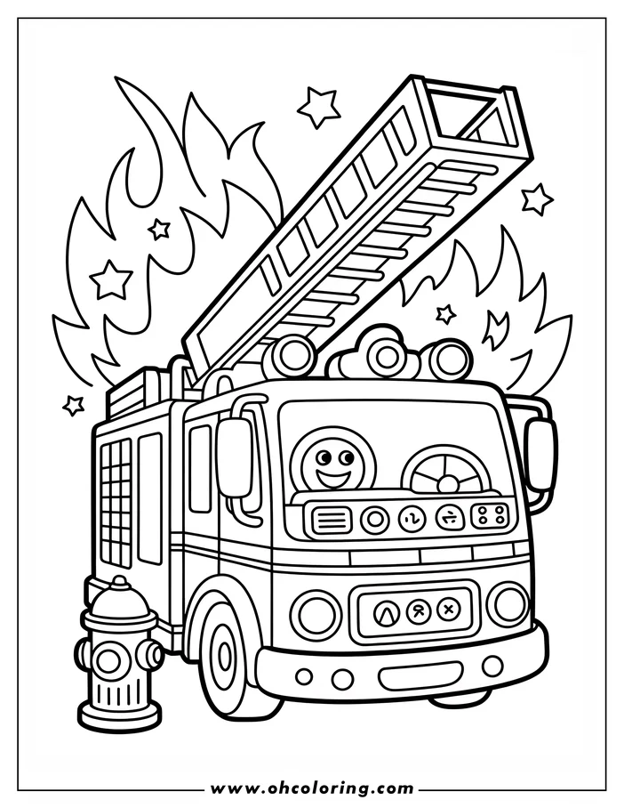 Line art of a friendly fire truck with its ladder extended, surrounded by flames and stars, with a fire hydrant nearby. This is a coloring sheet design ready for kids to add their own colors.