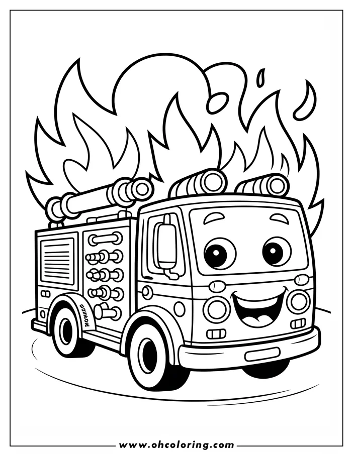 Line art illustration of a cartoon-style fire truck with flames in the background. The truck is smiling and looks friendly, suitable for a coloring page. 