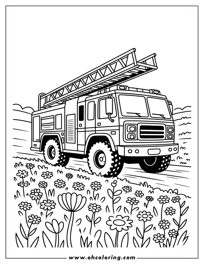 Line art of a firetruck driving through a field of blooming flowers. The firetruck has its ladder extended, and the scene is designed as a coloring sheet.